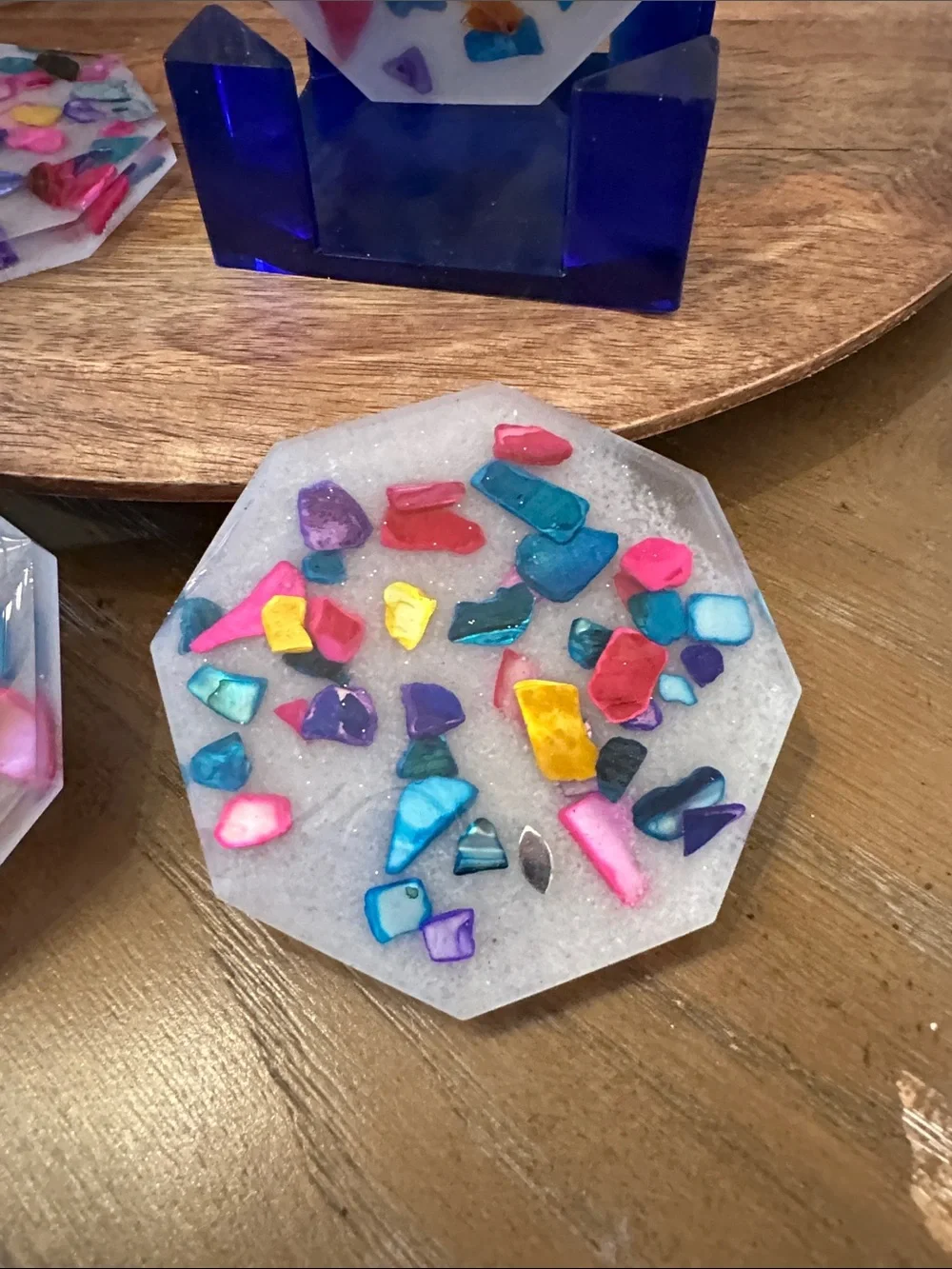 Colorful resin Mosaic Coasters with Blue Holder